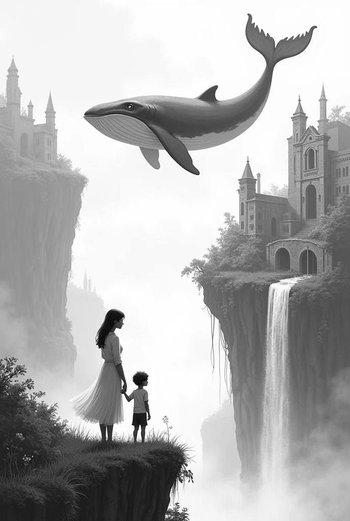 Create a black and white A4 size drawing, of a fantastic world, with floating islands with ancient buildings covered in vegetation with waterfalls, with a young man on top of a hill with his mother reaching forward to touch a whale that is floating 