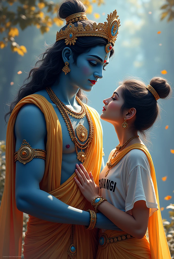 Lord Krishna with  "swangi "name printed on his t shirt ( Krishna is god(blue ) and swang is devote of krishna) also swangi and Krishna are both different character