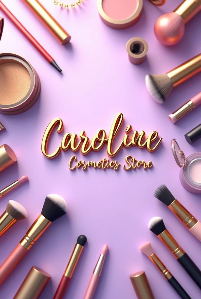 make a background image in the makeup segment of various types of makeup and cosmetics utensils with the name in the center of the image, With name ( Caroline Cosmetics Store ) in realistic gold , the background is in lilac with a gradient with gold effects 
