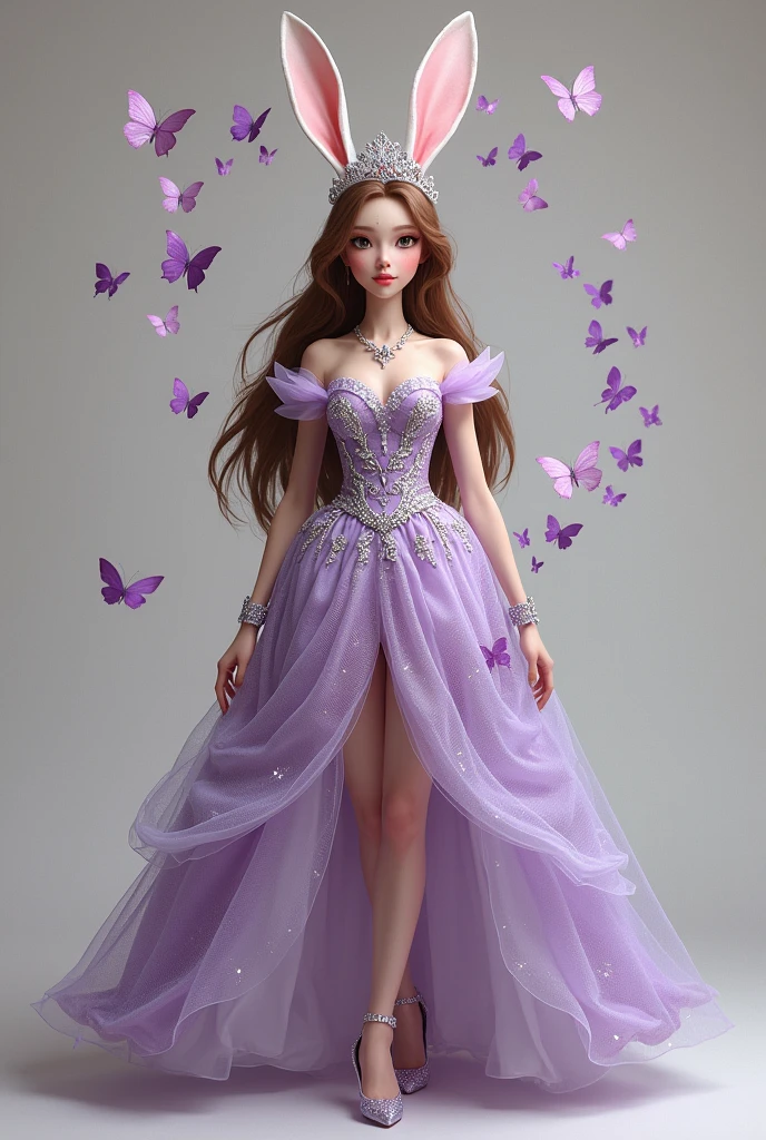 A white rabbit princess with a beautiful chest and a slender waist, brown hair with bangs, long hair, a beautiful face, tall, big eyes, very cute, wearing a beautiful purple princess dress, sparkling, full body, wearing high heels, wearing a crown with many butterflies flying, you can see the shoes too.
