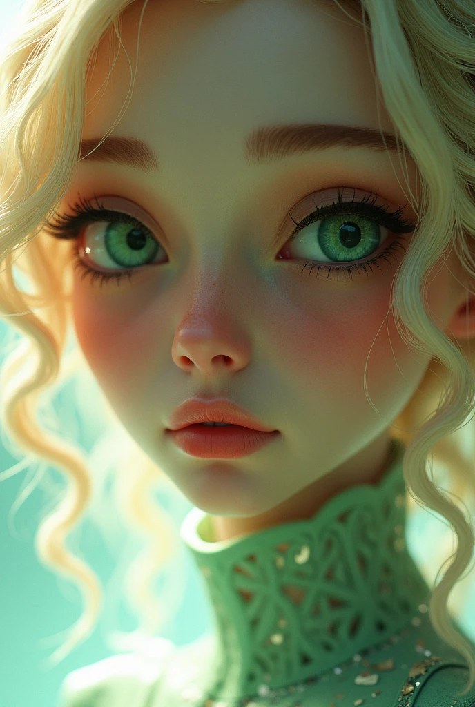 A futuristic and realistic dream woman, inspired by Pixar animation, up close. The character is the center of attention with captivating facial expressions, offering a touch of unreality. has green eyes, curly hair and is blonde.