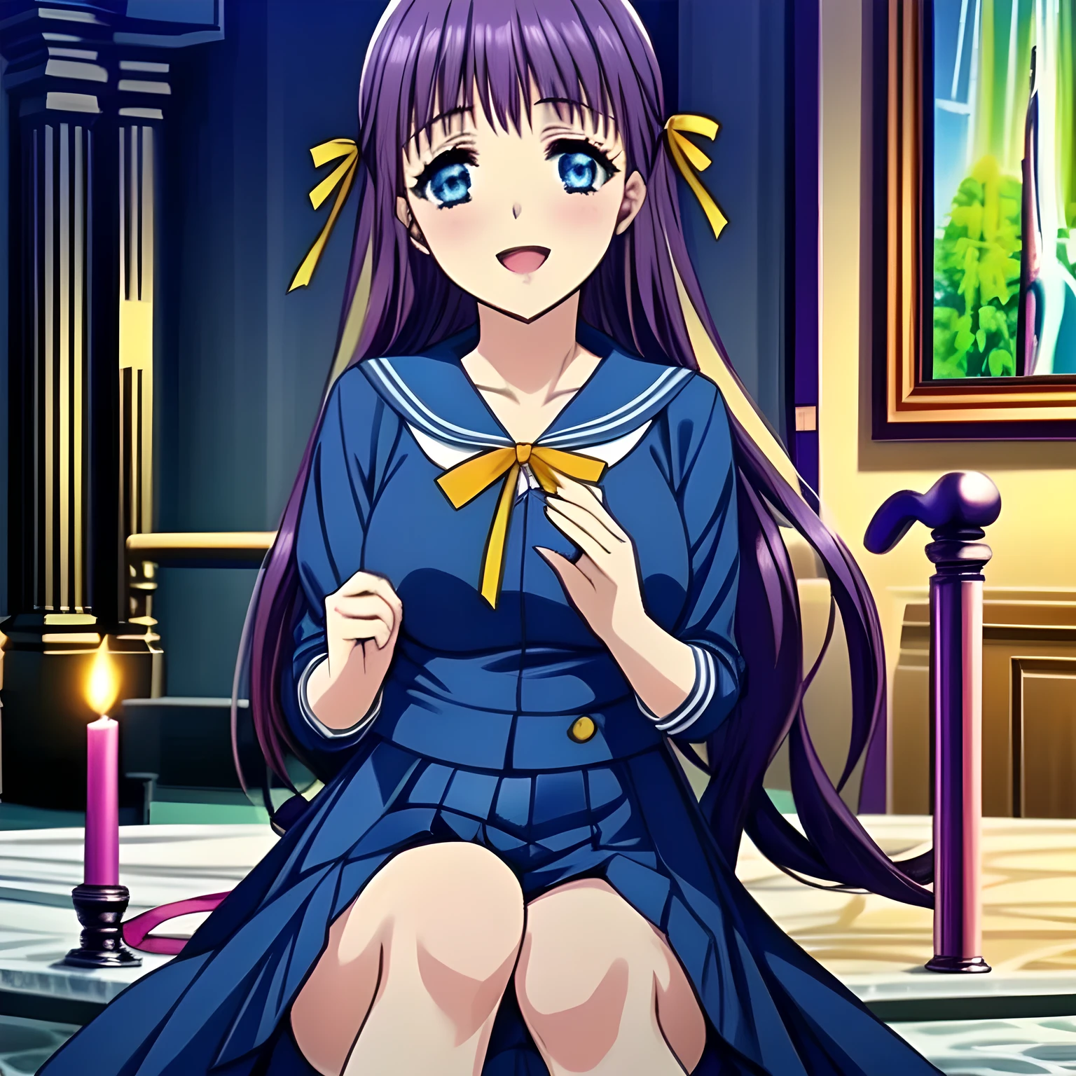 highest quality, (masterpiece:1.2), (A very intelligent heroine, Very detailed intelligent yo heroine portrait of game CG, Beautifully and artistically painted as cover of girl's magazine: 1.6), (The girl is turning around quickly and looking at me with adult smile as if she is a too beautiful goddess: 1.6), (Girl whom everyone loves because of her beauty and lovely fashion and intelligence and noble manner. A refined and elegant look like a beautiful secretary : 1.4), (In fact she is a very intelligent succubus, trying to charm, enslave and absorb me with deeply thought out intelligent strategy!: 1.0), (Very beautiful, wavy, cutely shining super-super-long blue hair, with elegant hair ribbons with very good smell of female pheromones: 1.4), (Laughing very beautiful and intelligent sapphire-blue intelligent eyes with very long eyelashes which charms and enslave me inevitably, with detailed very well: 1.8), (The elegant, slightly open mouth and glossy wet lips of an anime heroine: 1.0), (Gothic, noble, fully dark navy blue, neat sailor-styled gothic blue school uniform, fully dark navy blue blouse, and widely spread neat elegant dark dark-navy-blue pleated skirt, with a big yellow noble ribbon on the chest: 1.6), (Large but well figured breast: 1.0), (Laughing at me, but that gives a feeling of falling into abyss: 1.2), (The magical wind is blowing: 0.8), (She is touching me with her beautiful fingers, absorbing everything from me just now: 1.5), (Seated on a prestigious marble altar in a dark gothic abyss room as a goddess: 1.4), (Dark gothic chapel with many candles in deep deep abyss:1.0)