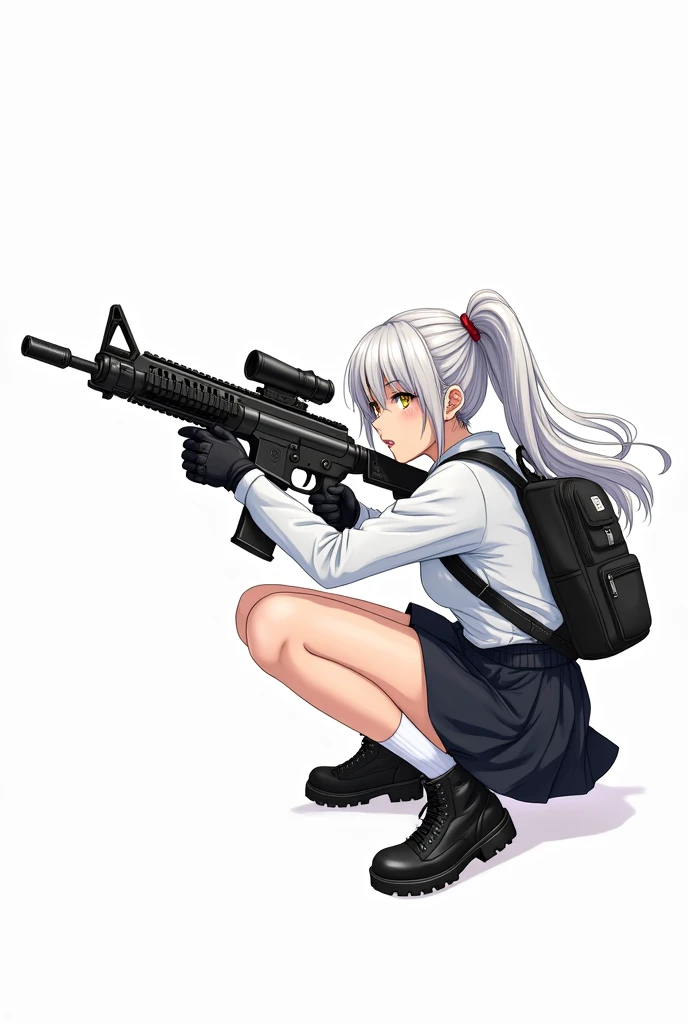 Medium-height anime girl, long white ponytail tail hair, yellow eye, calm face, aiming a futuristic Assault rifle while crouch position, wearing a black school uniform, short skirt, long white socks, cute black backpack, tactical gloves, tactical boots. Manga art style with white background 