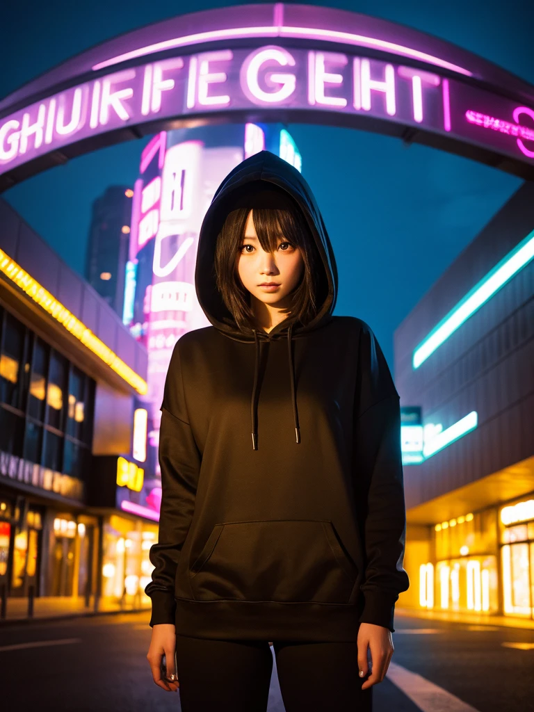 Fashion portrait color photography, woman, Neon Light、Big hoodie、Very detailed,High resolution,Very detailed肌, Professional Lighting,A futuristic landscape