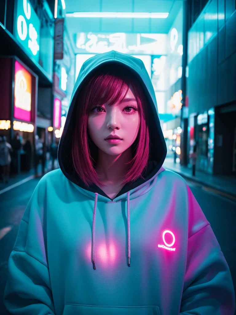 Fashion portrait color photography, woman, Neon Light、Big hoodie、Very detailed,High resolution,Very detailed肌, Professional Lighting,A futuristic landscape