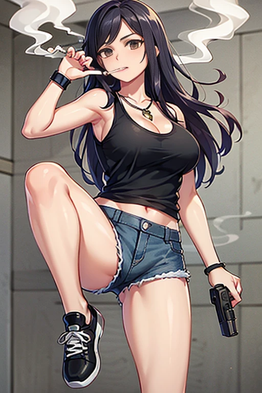 Highest quality,high resolution,2d,(Cel animation style),One woman,30 year old Asian female,(Straight long black hair),((Black tank top)),((Denim shorts)),((1 with a pistol in each hand.3)),(Skull Necklace),Black sneakers,(Beautiful face with a narrow slit 1.3),Black wristband on left wrist,Beautiful Style,Slender body,(Large Breasts),(((Holding a cigarette)))