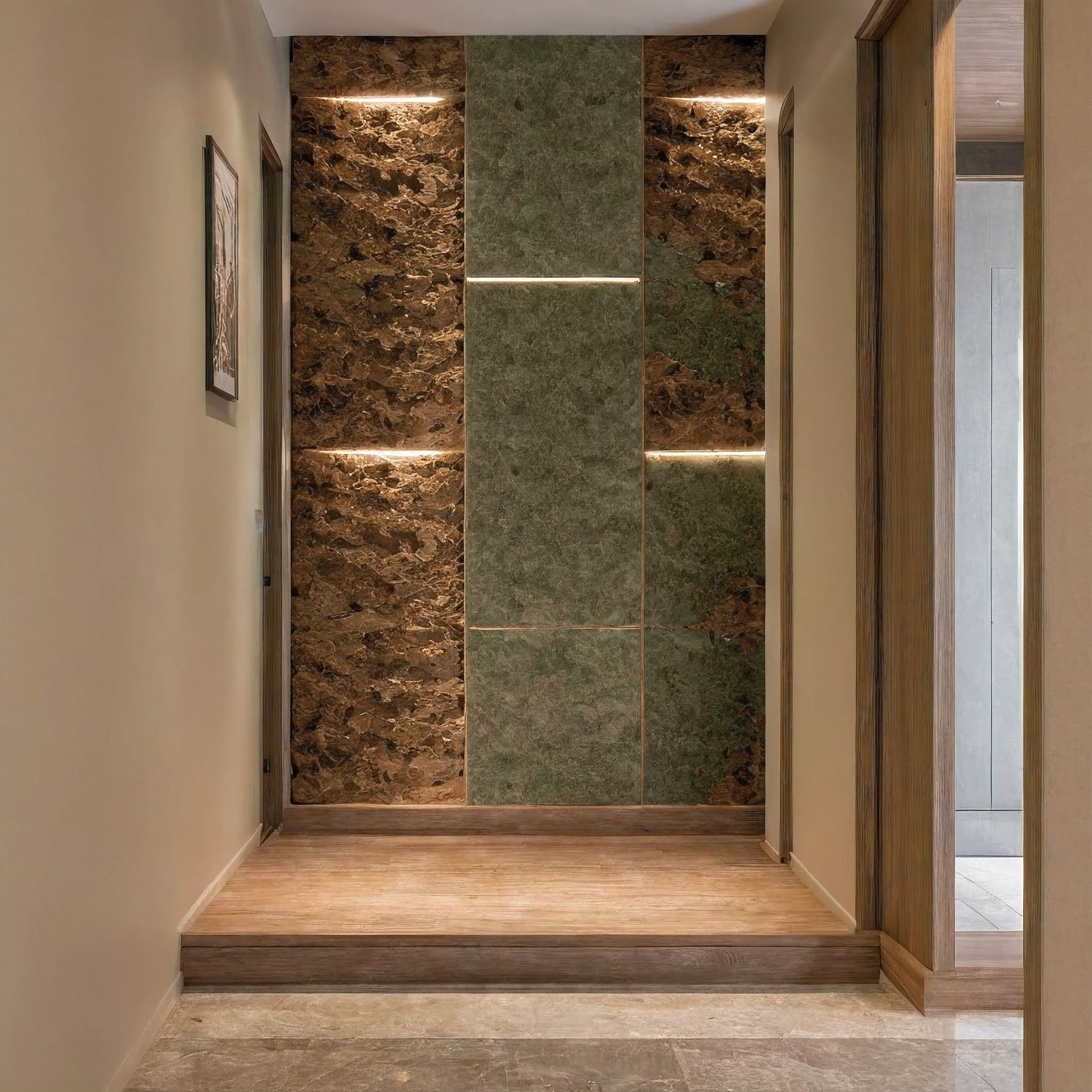 RAW Photos, masterpiece, high quality, 最high quality, Genuine, Super Detail, interior, indoor,  Style: Modern, Minimalist Line, wooden, Oak wood, LED Light, Beige painted wall, sofa, Atrium, living room, Pen House, kitchen, island kitchen, Aluminum Window, Japan style, Wasabi Style, Jen Style, Steel staircase, Glass railing