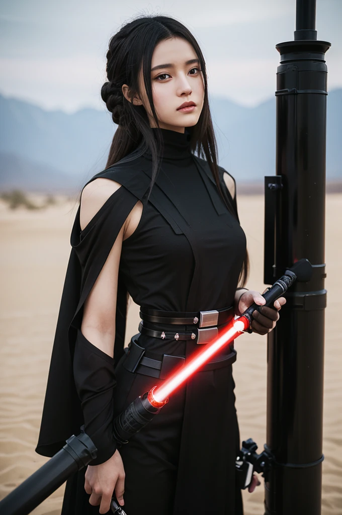 Sith, (realistic: 1.2), beauty, tall, black hair, long hair, one red lightsaber, black combat uniform, poised, desert