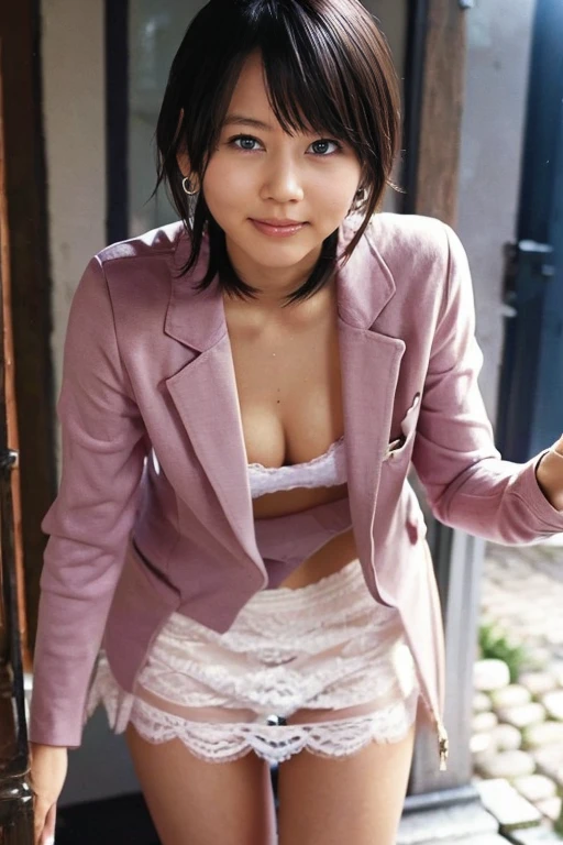 (((Leaning forward:1,I had already finished))),Inside the suit shop,(The skin is wet with sweat),Wear a shirt:1.2,Suits lined up,Looking into the camera,Cleavage,smile,Skirt Lift、Lift up your skirt with your hands,woman, 20-year-old, short hair、bangs、(Plain Suit Skirt),(White lace panties)、Cute Earrings,Natural light