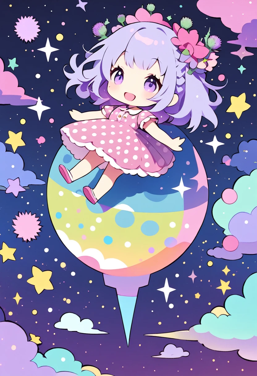 (masterpiece, best quality,high resolution),dot pattern, full body of a Kawaii chibi girl wearing a polkadot dress walking on top of the earth, smile,with a thistle-color scheme, surrounded by floating stars and flowers, with a playful yet mysterious atmosphere, college,