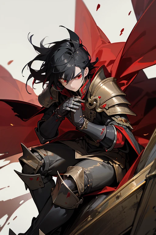 Teenage vampire man,black hair,Red eyes,golden crown,neck shackle,shoulder pads with spikes,metal chest armor,large metal bracelets,red gloves,iron pants,steel boots,blood stains on the armor,ancient blood stained sword in hand,SERIOUS LOOK,black and torn cape,Kingdom destroyed after the war,perched on dead enemies,fire everywhere