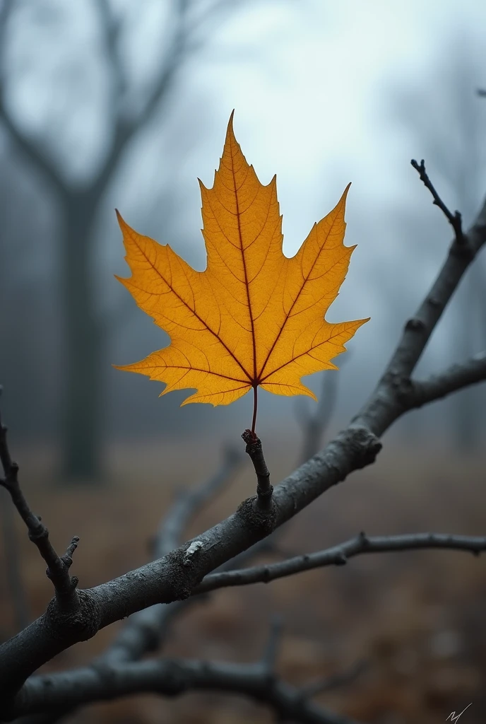 The Last Leaf: "A single, golden autumn leaf clinging to a bare branch as a cold wind blows, symbolizing endurance and the tenacity of holding on when everything else has fallen away. The background is a blur of gray sky and distant trees stripped of their leaves, creating a stark contrast to the vibrant yellow of the lone leaf. The image captures the spirit of persistence and the strength to hold on to hope, even in the face of inevitable change and loss."