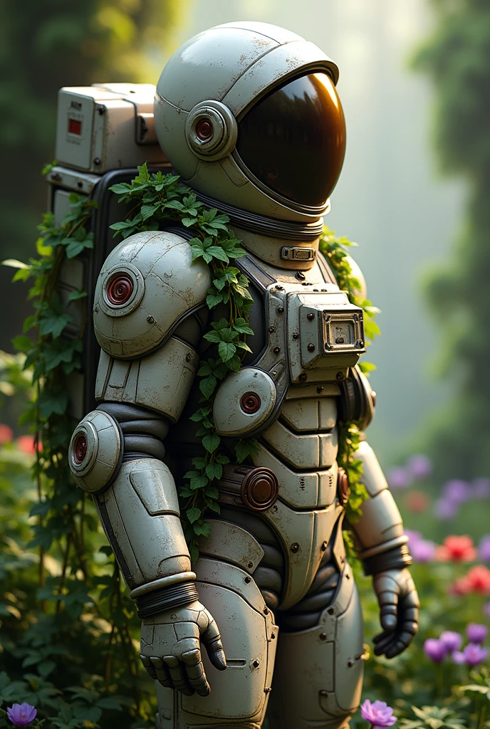 Create a hyper-realistic image of an astronaut in a powerful and contemplative pose. The astronaut must have a detailed and meticulously textured spacesuit, with an emphasis on the metal parts and the folds of the material. The lighting should create deep shadows and highlights, enhancing the shape and complexity of the costume. Around the astronaut, insert a lush natural environment; Incorporate thick green vines and vibrant flowers in the background, which gently wrap around parts of the spacesuit. The atmosphere should be serene and slightly mystical, with soft natural light filtering through the foliage, giving a touch of life to the astronaut. The overall style should maintain the realism and attention to detail of the spacesuit, while conveying a sense of grandeur and timelessness."