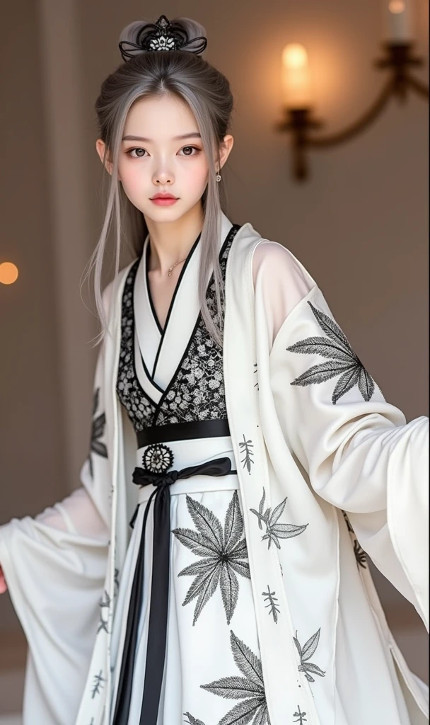 (best qualtiy,tmasterpiece:1.2),Ultra-high resolution,realisticlying,Front lighting,Complicated details,Exquisitedetailsandtextures,(1girll),solo,The upper part of the body,Black and white Hanfu,bamboo leaves pattern,Nice big eyes,Black and white dress,Bamboo leaf decoration,beauitful face,facing to audience,Streamers,gossamer,(young),Facial highlights,Detail Make,tear-mole,white skinned,Silvery hair,High ponytail,looking at viewert,largeeyes,Silk Hanfu,(Openwork pattern,Black and white silk),耳Nipple Ring,slimfigure,white backgrounid,correct hand,profesional lighting,Photon Mapping,Radio City,physically-based renderingt