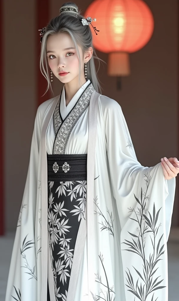 (best qualtiy,tmasterpiece:1.2),Ultra-high resolution,realisticlying,Front lighting,Complicated details,Exquisitedetailsandtextures,(1girll),solo,The upper part of the body,Black and white Hanfu,bamboo leaves pattern,Nice big eyes,Black and white dress,Bamboo leaf decoration,beauitful face,facing to audience,Streamers,gossamer,(young),Facial highlights,Detail Make,tear-mole,white skinned,Silvery hair,High ponytail,looking at viewert,largeeyes,Silk Hanfu,(Openwork pattern,Black and white silk),耳Nipple Ring,slimfigure,white backgrounid,correct hand,profesional lighting,Photon Mapping,Radio City,physically-based renderingt