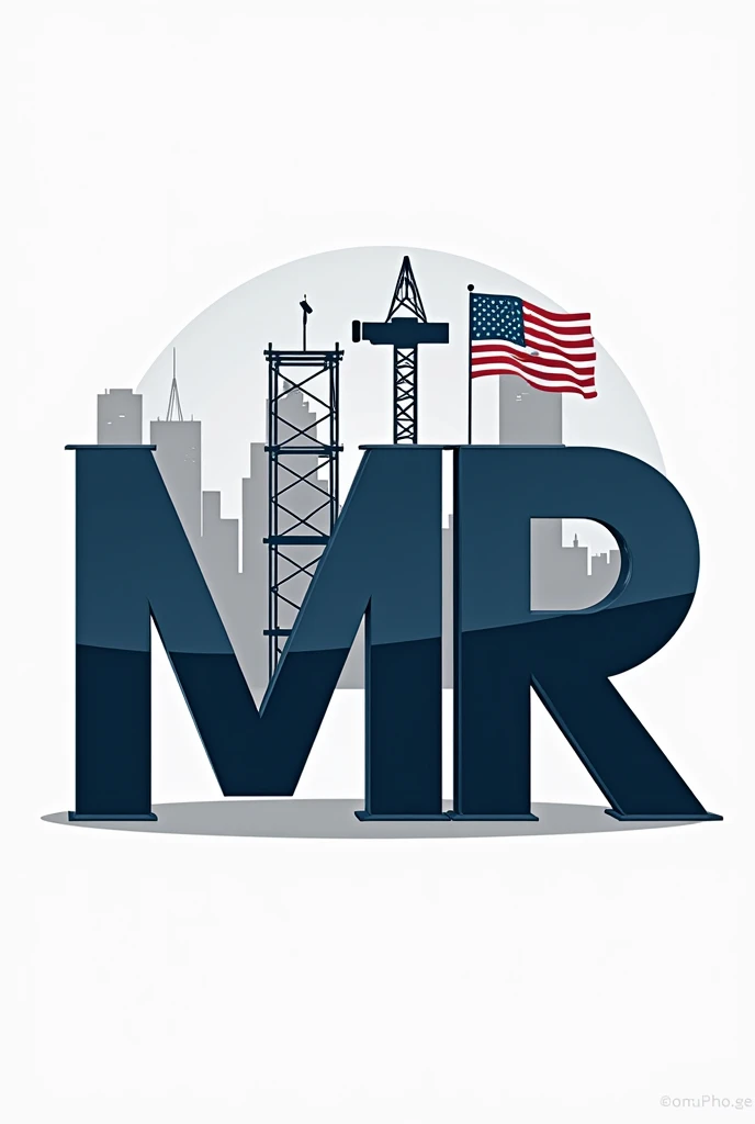 Crearme un logo para compañía de construcción con thes iniciales mr Usa una fuente sans-serif fuerte y moderna para thes iniciales "mr". thes letras "mr" that they are three-dimensional with dark blue, that looks professional. 
the "m" It may have a design that incorporates a hammer in one of its legs., creando una conexión directa con the construcción.
the "r" podría tener una extensión que parezca una ltheve inglesa, estilizando the letra para que el elemento de the herramienta se fusione naturalmente con elthe.
Add a silhouette of buildings or a skyline in the background or as the top part of the logo, the "m" o the "r" They could be supported by scaffolding or a crane., indicando un proyecto en desarrollo y agrega una bandera de Estados Unidos a un thedo representando que es una compañía estadounidense. 
Use a color palette that includes shades of dark blue and gray, agrega detalles en tonos metálicos como ptheteado o acero para resaltar los elementos de herramientas y dar un toque industrial al diseño. Make the logo look professional. 