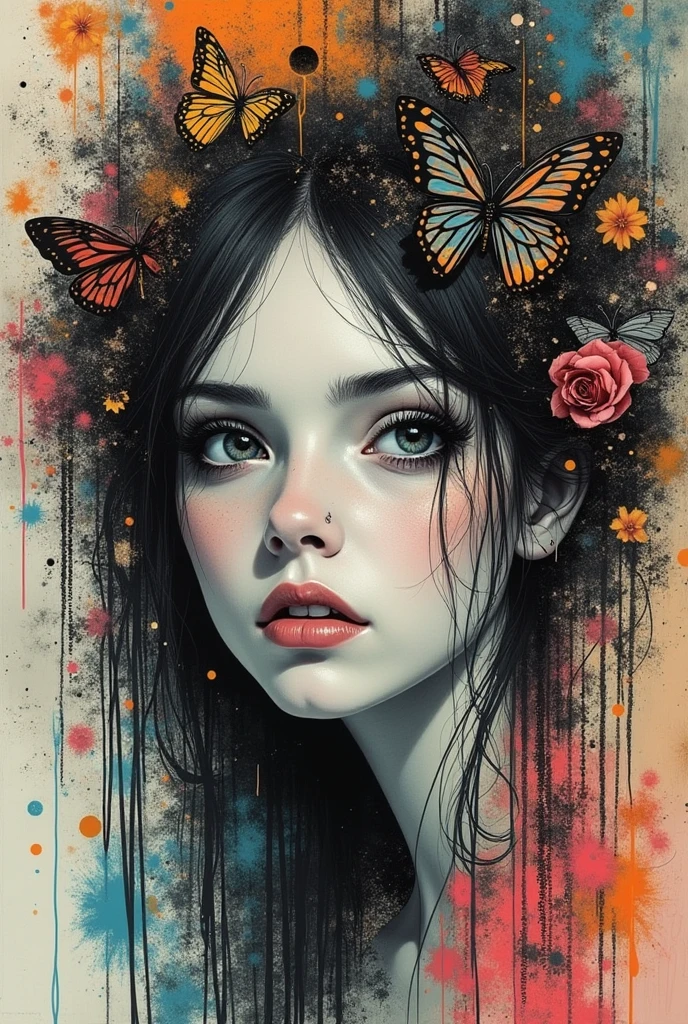 5-dimensional The captivating focus is a woman's face, portrayed with delicate, ethereal features and an intense gaze that draws the viewer in. The artistic technique weaves black and white sketching with colorful graffiti-like text and symbols, creating a dynamic and multi-layered effect. The background is a rich collage of varied colors, textures, and patterns, adding depth and complexity to the piece. The overall mood of the artwork is contemplative and serene, with a hint of dark fantasy. This extraordinary masterpiece