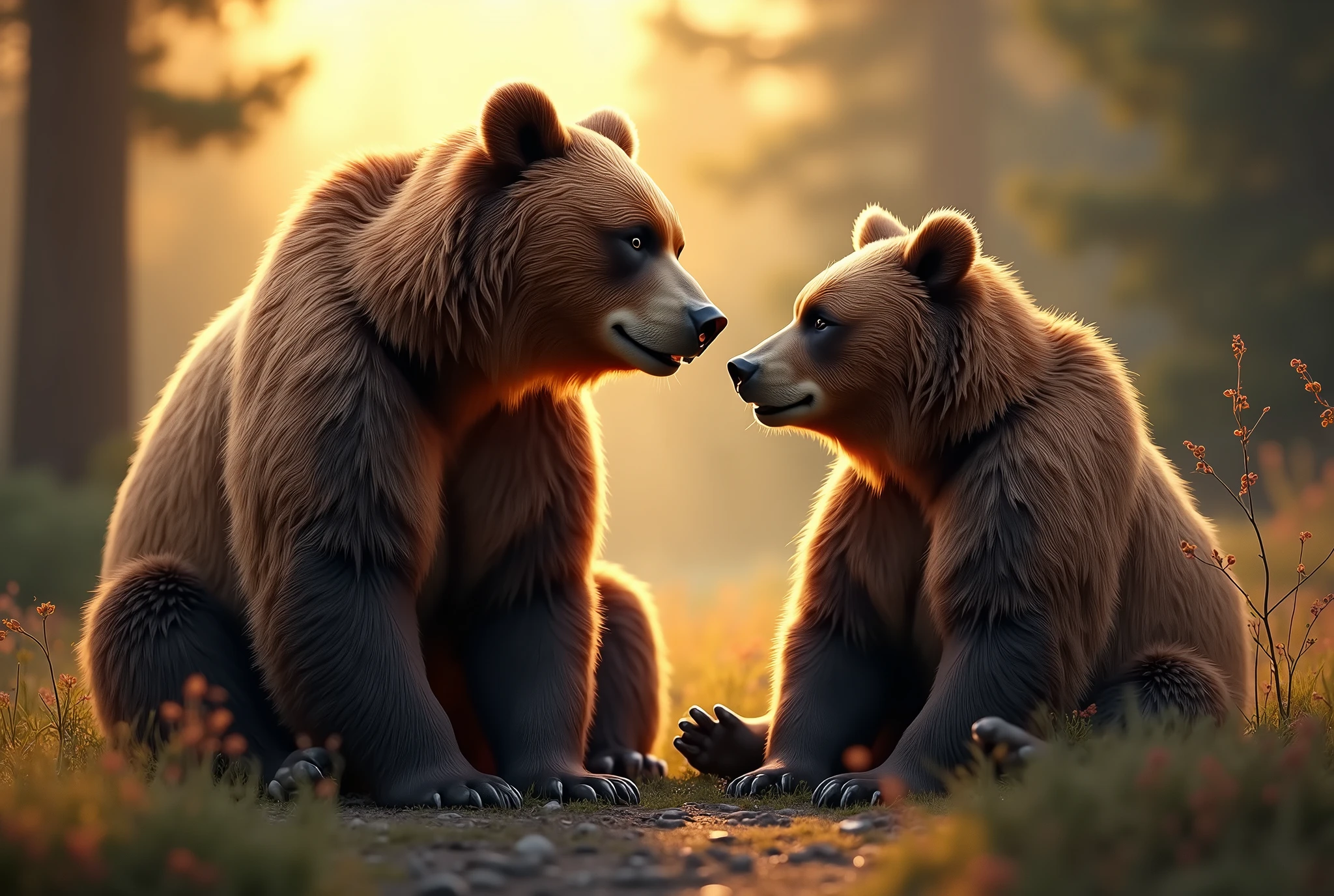 Big Brown Bear Mother and Her Boyfriend、detailed fur texture、Realistic fur、high quality、8k、Photorealistic、Highly detailed and intricate details、Realistic Wildlife、natural environment、Forest Background、wood々Sunlight blocked through、Warm lighting、Bright colors、Cinematic composition