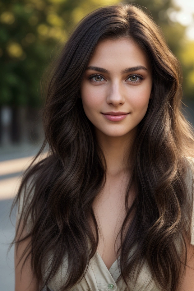 Pretty beautiful European brunette with dark green eyes, night photo, picture of the whole body, loose hair waist, very detailed, innocent face , face length 1.3 times face width, high cheekbones, naturally wavy hair, high resolution, masterpiece, Best quality, intricate details, highly detailed, sharpness, detailed skin, Realistic skin texture, texture, eyes detailed, professional, 4k, Charming smile, depth of field, kodak vision color, perfect fit body, extremely detailed, photo_\(ultra\), photoRealistic, Realistic, Post-processing, maximum details, roughness