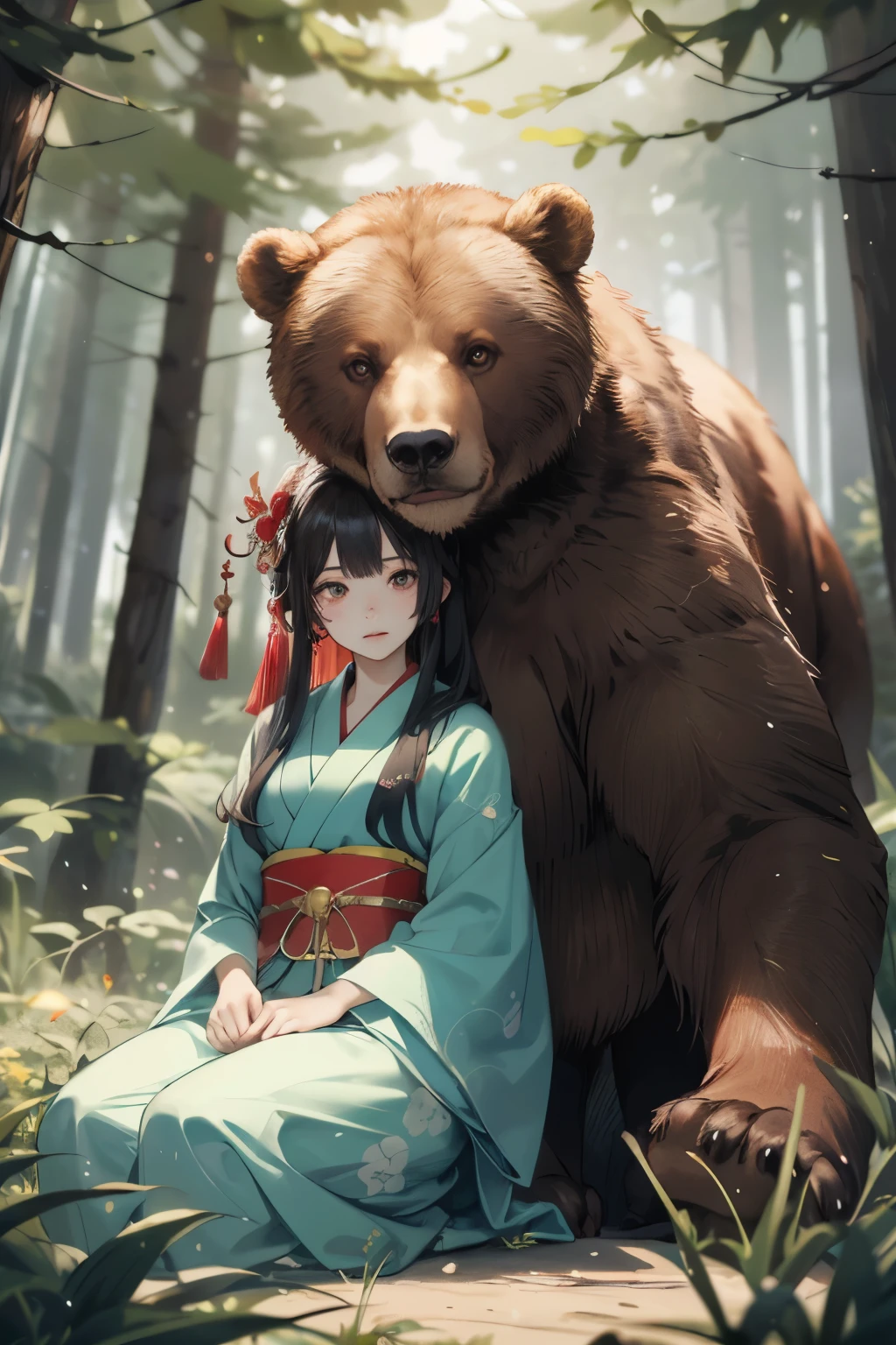 (Huge brown bear and young woman)、(The woman is a shrine maiden who is in charge of the peace of the forest.)、(Brown bear is ferocious, but he is her servant.)、(Brown bear and her are always together)、 Mysterious and mysterious forest、An inhospitable forest、Like forest trees and plants々Spirits gather、Imagine you are sitting in a deep forest., Create a magical moment that pays tribute to She-Bear&#39;s character, Very detailed, Beautiful Landscape、(Highest quality, masterpiece, High resolution)、4K Anime Art、