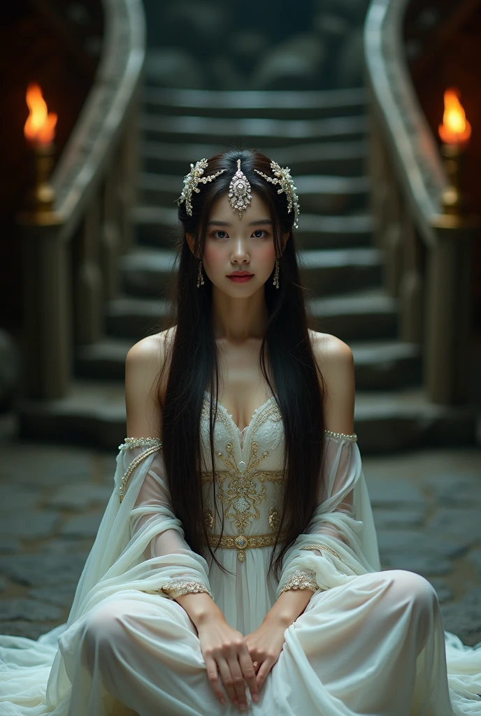 
professional photo, portrait of a beautiful Chinese woman with long hair wearing a beautiful and elegant white dress, beautiful jeweled hair ornament with intricate but enchanting details, sitting cross-legged with her entire body tied with a polypropylene rope, sweet smiling face, background in a dark, light-proof room, with a natural staircase behind it, a cave-like room with two torches visible from afar at the right and left ends at the end of the stairs, realistic, cinematic, full HD image