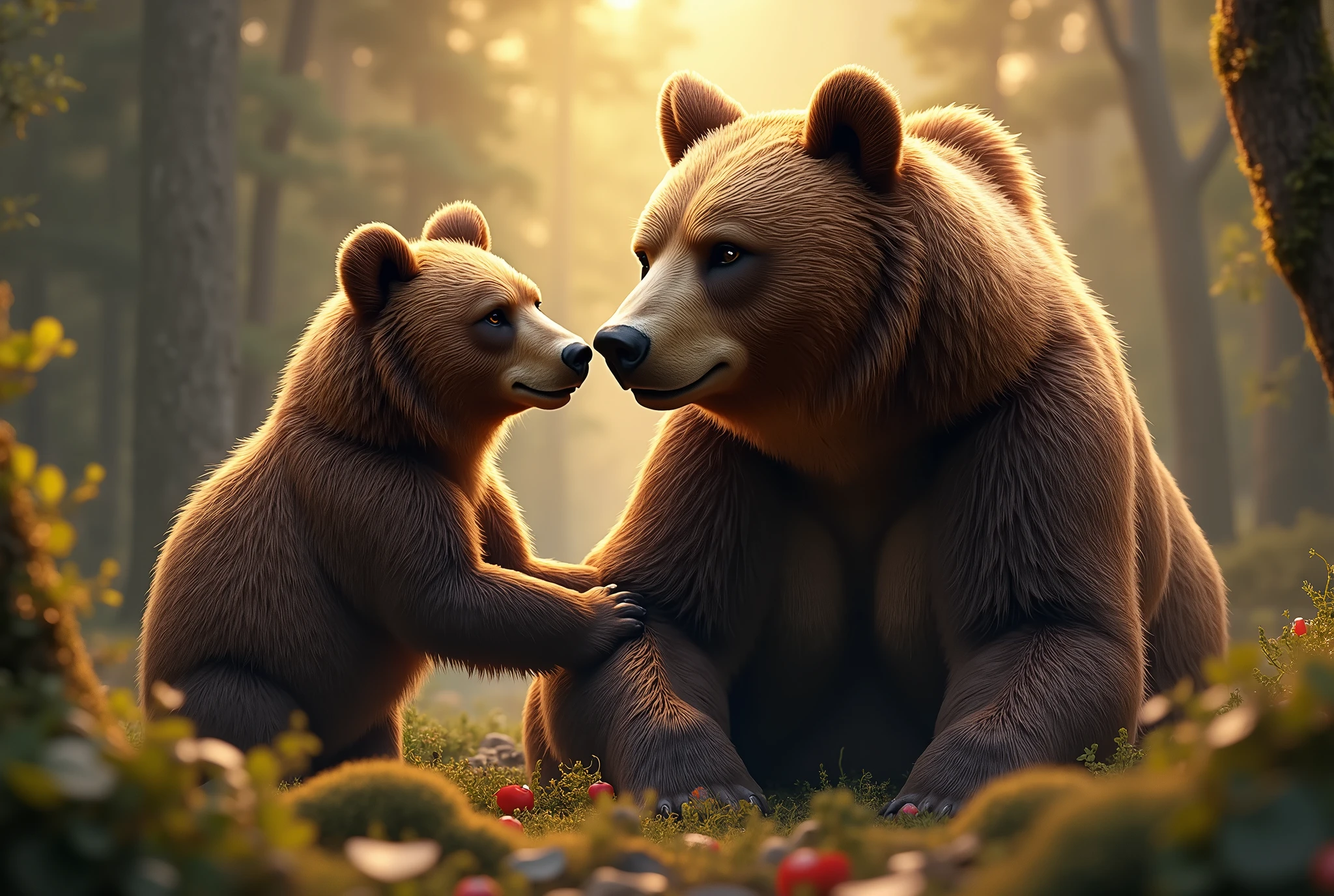 Big Brown Bear Mother and Her Boyfriend、detailed fur texture、Realistic fur、high quality、8k、Photorealistic、Highly detailed and intricate details、Realistic Wildlife、natural environment、Forest Background、wood々Sunlight blocked through、Warm lighting、Bright colors、Cinematic composition