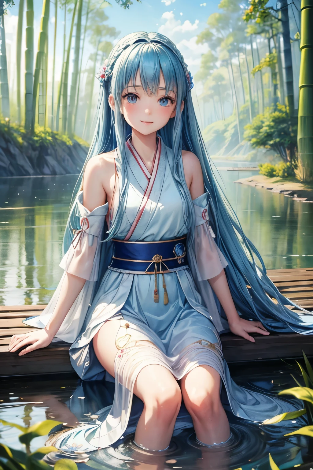 masterpiece, best quality, official art, 8k wallpaper, Very detailed, illustration, 1 girl, sky blue hair, long hair, delicate eyes, Forrest Gump, Bare shoulders, Hanfu, lake, Pure, gentle smile, bamboo, Tea