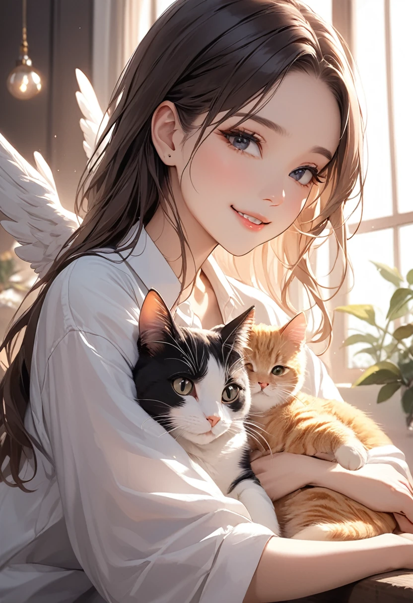 (masterpiece:1.5),(Beat quality),(high res),1girl solo,beautiful face,smile,upper body,Angel Woman,Cat