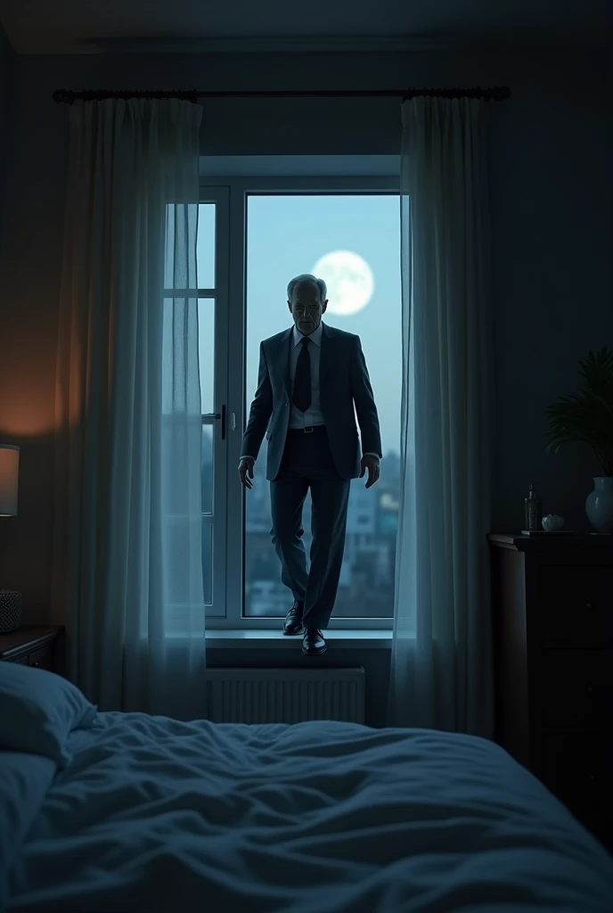 A man walking through the window and away from the bed. Make the camera is in the side of the bed