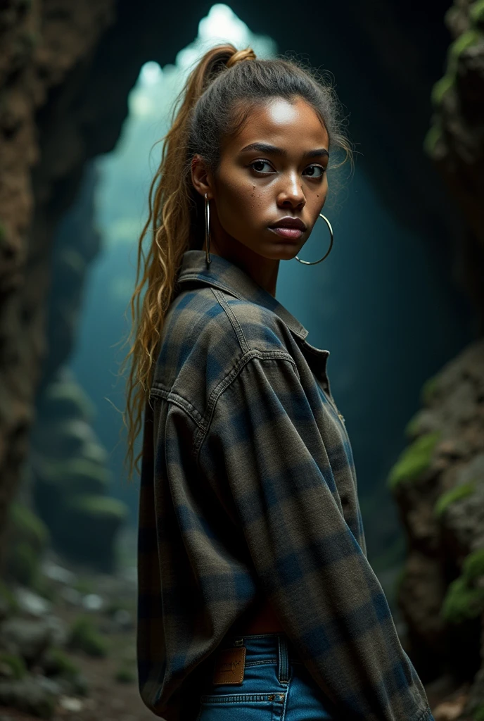 Photographie d&#39;une femme métisse clair, (expression faciale troublée), peau texturée, chair de poule, cheveux afro blonds, cheveux atacher, chemise en flanelle à carreaux avec un jean boyfriend vieilli, tir de cow-boy, grotte sombre et mystérieuse avec des formations rocheuses 
uniques et des merveilles cachées, yeux parfaits, (Aux chandelles, clair-obscur), Support 160 couleurs, tourné sur ARRI ALEXA 65, bokeh, mise au point nette sur le sujet, tourné par Don McCullin et