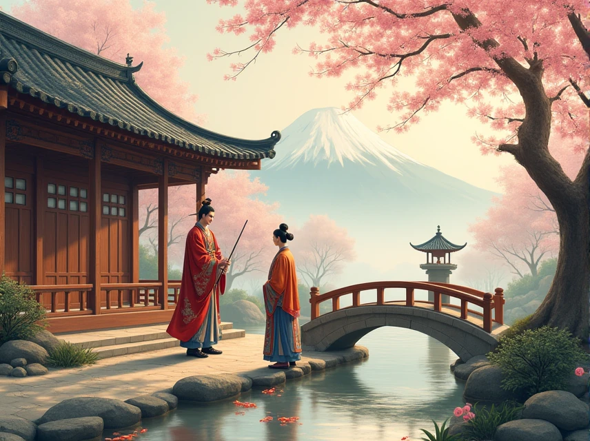 A painting in the style of ancient Chinese art, In a serene Japanese garden courtyard, a Chinese ambassador from the Three Kingdoms era in ornate silk robes meets a Yamato leader in traditional garments. Cherry blossoms and a stone lantern frame the scene, with Mount Fuji visible in the misty distance. The Yamato ruler stands on a wooden veranda, while the ambassador approaches on a stone path. A single samurai guard watches discreetly nearby. The setting blends Chinese and Japanese elements, with curved roof tiles and a small bridge over a koi pond. Soft, warm lighting highlights the rich colors and intricate patterns of their clothing, emphasizing the cultural contrast and the diplomatic significance of this intimate encounter. This artwork has exquisite details and intricate patterns on its surface. It was created in the style of artists such as Guan Shengzhi and Xuanhai Liang