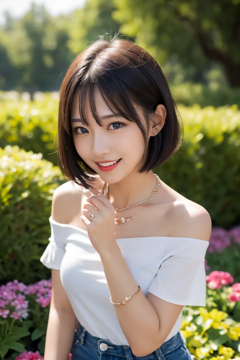((masterpiece)), ((Highest quality)), (Very detailed), ((cute)), cute, (cute), ((Very detailed)), 4K, (8k), Highest quality, (beautiful), figure, Dignified, (Portraiture:1.3), a cute girl, One person, Japanese, alone, (Sunburn:1.3), Off-the-shoulder shirt, Short shorts, (garden), (beautiful black hair), Short Bob Cut, Hair blowing in the wind, beautiful blue eyes, ((beautiful eyes)), lip, necklace, Laughter, blush, Shiny, 