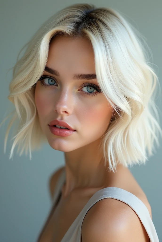 (photorealism:1.2), A platinum blonde woman, chin-length wavy bob haircut, sexy