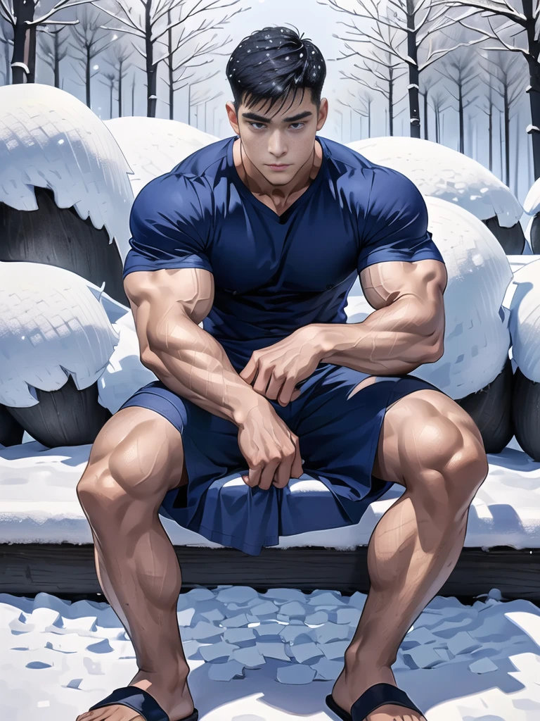 Handsome young man sitting in front of the house,(Thin mustache:0.8), alone, (ฺBuzz Cut:0.8), (Wear a navy blue t-shirt.:1.2),Blue Jeans,(Wear a black watch.),Korean people,chest muscles,large arm muscles,blood vessel,big muscles,Broad shoulders,(Snow Forest:1.4),