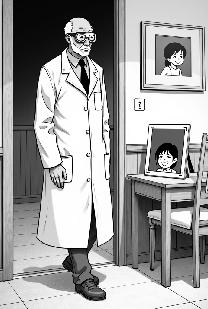 A man aside, wearing a scientist outfit, is leaving a room through an open door. On a table in the living room, there is a small picture frame with a picture of a child who is a , very happy, she is smiling and showing her teeth and with her eyes closed. The scientist is not looking at the picture, just walking away through the living room door, while the reader can see both, the scientist and the picture frame. The image must be in black and white manga style.