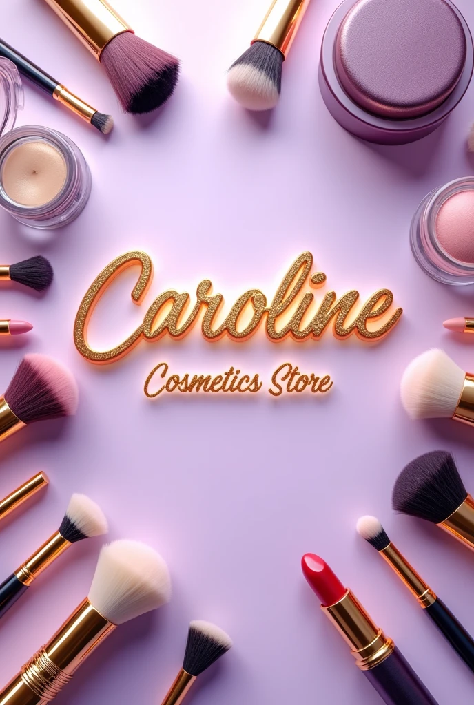 make a background image in the makeup segment of various types of makeup and cosmetics utensils with the name in the center of the image, With name ( Caroline Cosmetics Store ) in realistic gold , the background is in lilac with a gradient with gold effects 
