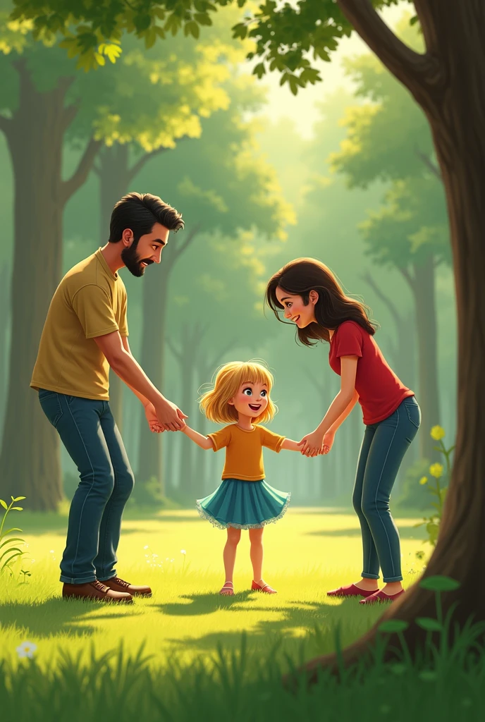 A from Khuzestan is playing in the park with the parents of the girl with blond hair, red nails, blue short skirt