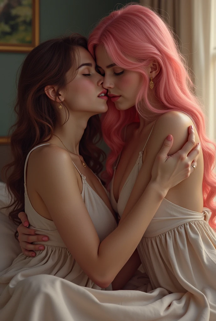 Cute pink haired woman with beautiful butt without clothes kissing her mother and sister 