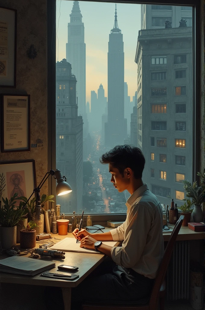 Can you please create a painting that reflects loneliness and the contrast between the powerful, evil people showcasing their wealth and a good young person working alone for his two mothers as an interior designer and their siblings. It should feel like rich people are eating all city and poor people’s are just seeing them and feeling it.