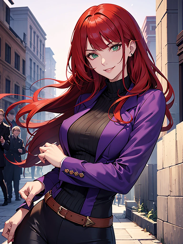 green eyes, red hair with long bangs, noble, mafia. sadistic women, wavy long hair. strong woman. background in winter. spy. kind smile. purple outfit. she fighting