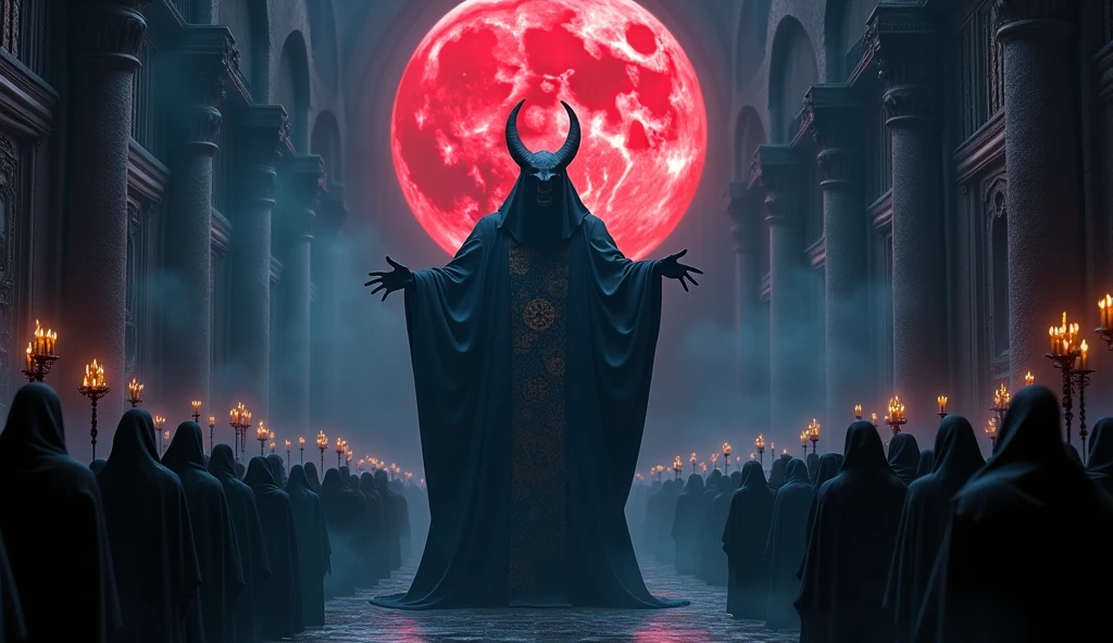 8k、 big red moon ,cross of dark lord, king of angmar, touch of death, Taoist robes ,zoom up(number々の賞を受賞したmasterpiece、Incredible detail、Texture、Maximum details),blue flame candle, (summoning magic),(The moonlight at night is beautiful), (Demon King's Castle),(dark organization)arafed image of a group of people in a church with candles,lit candle, dark cinematic concept art, elegant cinematic fantasy art, photorealistic dark concept art, by Beeple, dark robes, wojtek fus, gothic epic library concept, gothic epic library, epic cinematic concept art, dark concept art, Beeple and mike winkelmann, symmetrical epic fantasy art, High resolution, masterpiece, Highest quality, Intricate details, Very detailed, Clear focus, practical skin texture, texture, Shot with Canon, 85mm, Shallow and deep, Kodak Vision Color, Exactly, Very detailed, photograph_\(Extremist\), photographpractical, practical, Post-processing, Maximum details, Roughness, Real Life, Extremist practical, Photorealism, photographgraphy, 8K Ultra HD, photographgraphy