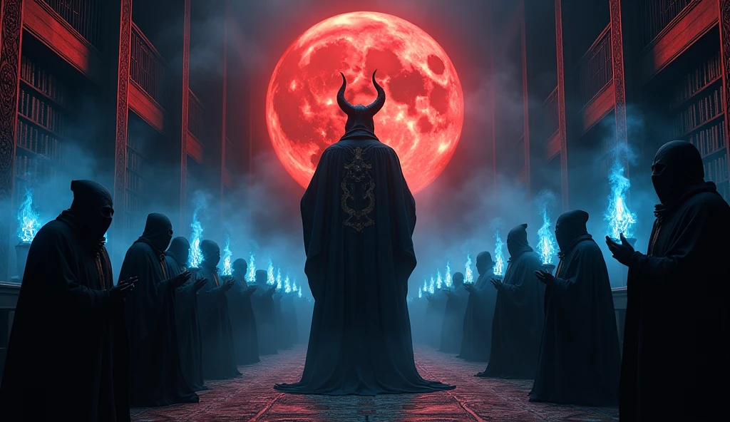 8k、 big red moon ,cross of dark lord, king of angmar, touch of death, Taoist robes  ,zoom up(number々の賞を受賞したmasterpiece、Incredible detail、Texture、Maximum details),blue flame candle, (summoning magic),(The moonlight at night is beautiful), (Demon King&#39;s Castle),(dark organization)arafed image of a group of people in a church with candles,lit candle, dark cinematic concept art, elegant cinematic fantasy art, photorealistic dark concept art, by Beeple, dark robes, wojtek fus, gothic epic library concept, gothic epic library, epic cinematic concept art, dark concept art, Beeple and mike winkelmann, symmetrical epic fantasy art, High resolution, masterpiece, Highest quality, Intricate details, Very detailed, Clear focus, practical skin texture, texture,  Shot with Canon, 85mm, Shallow and deep, Kodak Vision Color, Exactly, Very detailed, photograph_\(Extremist\), photographpractical, practical, Post-processing, Maximum details, Roughness, Real Life, Extremist practical, Photorealism, photographgraphy, 8K Ultra HD, photographgraphy
