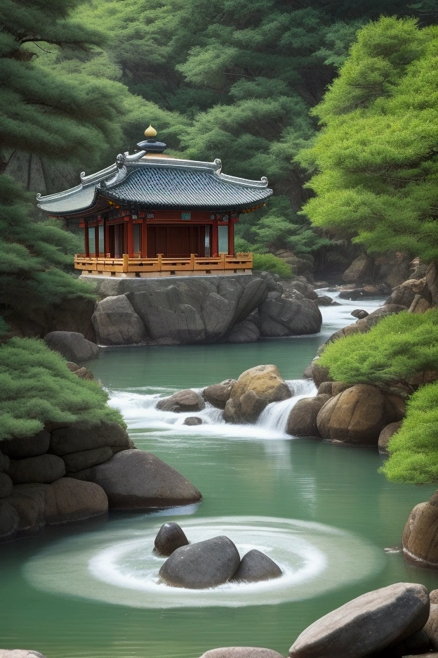"Create a digital artwork that embodies the essence of Taoism, peace, and harmony, deeply rooted in Chinese culture. The scene should be set in a tranquil, natural environment, such as a misty mountain landscape with flowing rivers and ancient pine trees. A traditional Chinese temple or pagoda should be nestled harmoniously within the landscape. Incorporate Taoist symbols, like the Yin-Yang, subtly into the scenery, perhaps in the patterns of the clouds or water. The image should evoke a sense of balance and serenity, with soft, natural colors like jade green, soft gold, and gentle blues. Traditional Chinese elements, such as a scholar meditating or practicing Tai Chi near the water, should be included to enhance the cultural depth. The overall mood should be peaceful and reflective, inviting viewers to feel the calm and balance central to Taoist philosophy."