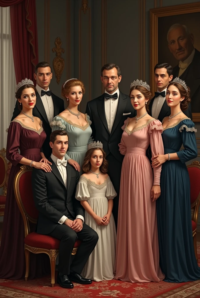 My twin sister is having a birthday. Both are male.. I want a family photo with a royal family theme... Calm and calm colors, especially suitable for.. I want the atmosphere to be full of families, including 7 women (1 grandmother, 5 adult women and 1 teenage child) and 4 men (1 grandfather and 3 adult men)