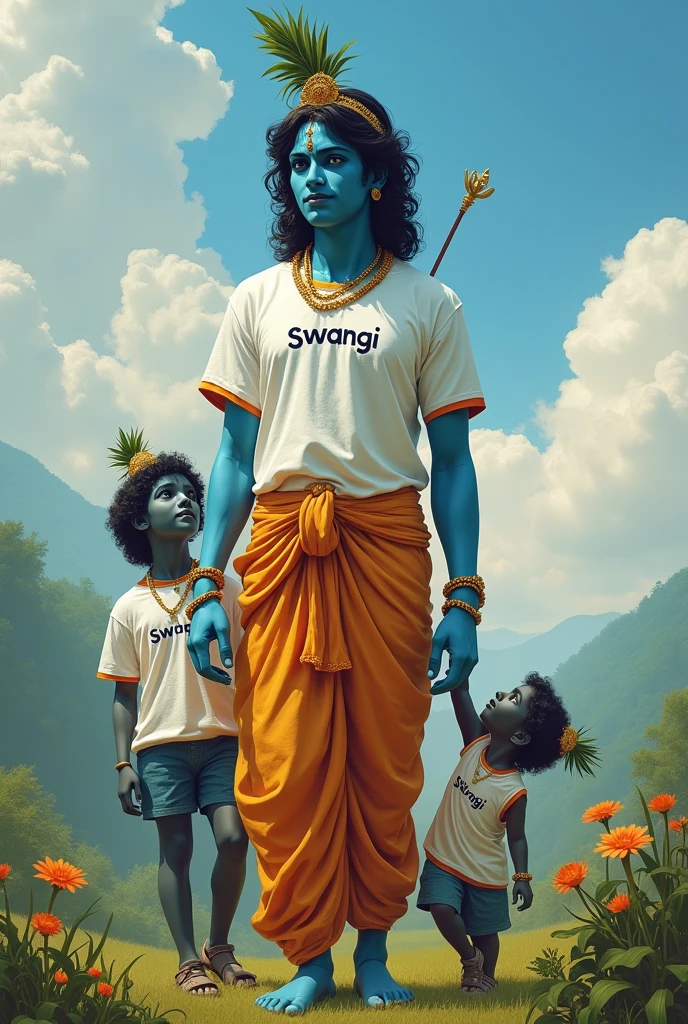 Lord Krishna with "swangi "name printed on his t shirt ( Krishna is god(blue ) and swangi is like her child) also swangi and Krishna are both different character