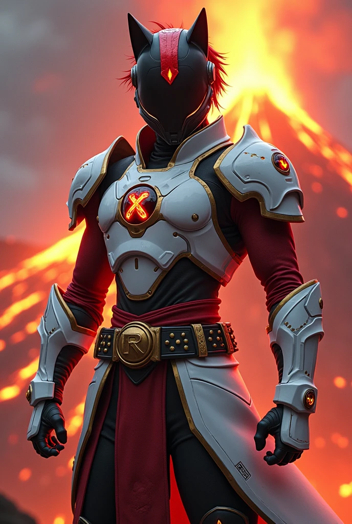 Male age 20, red short hair, moto black helmet, pins red crest on helmet, black stone with lava glowing on the chest, white Plate armor, armor breastplate with a pair four-pointed red stars, a gold belt buckle with a letter R, red leotard, plate belt, plate wristband, armor boots with red flames, cyberpunk japanese style, athletic, magic powers, action, black cat nails, battle pose, volcano backgroud, full body