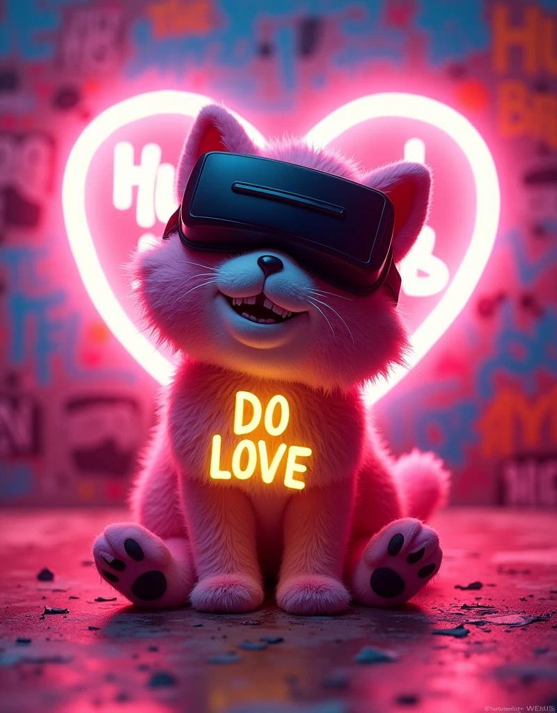 photo of 1 cat toy full body, pink fur cat ,hug neon glow do love with two eyes in a style in mood and happy  smiling with teeth smile wearing a black VR red hair and a slash yellow glow on the bear, background with red heart neon glow inside of the heart is the DO love word, 90's fashion font graffiti words hug BEAR style, 