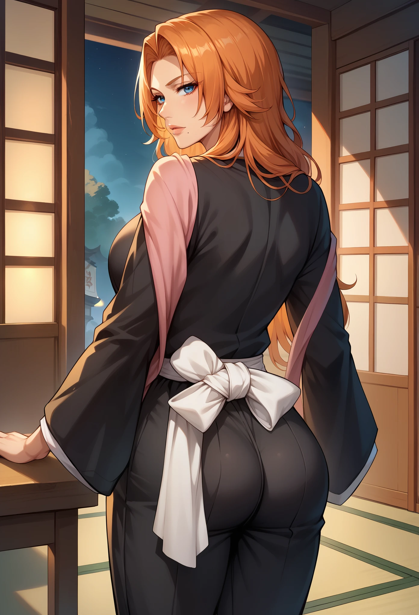 score_9, score_8_up, score_7_up, BREAK, score_9, defran, long hair, orange hair, blue eyes, mole under mouth, necklace, black robes, pink scarf, white sash, black hakama pants, looking at viewer, cowboy shot, ass, from behind, dojo, night