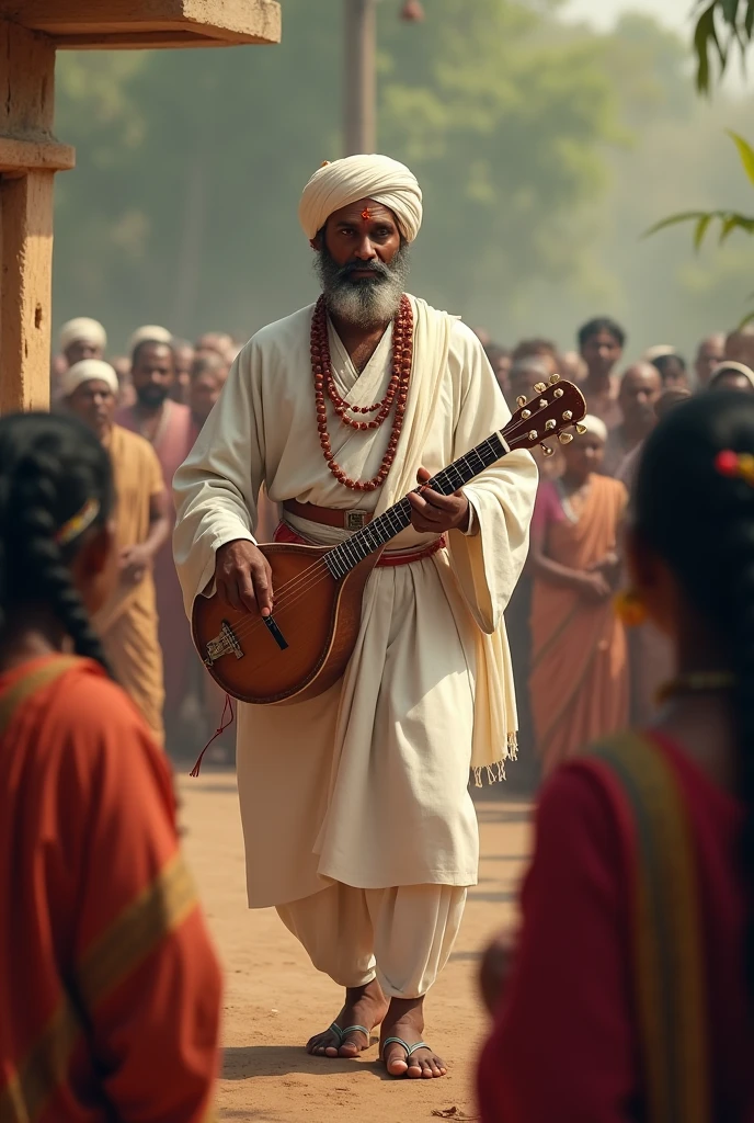 marathi saint tukaram age 40, wearing white kurti, dhoti, white colour pagadi on head, wears garland around neck , has veena in hand, addressing people at hindu temple. maharashtrian village, 1700 ac time period, natural background.