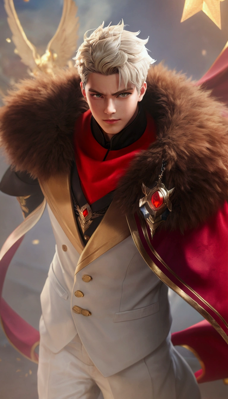 (absurdres, highres, ultra detailed, HDR), masterpiece, best quality, Android Game Character , short hair, handsome boy, anime eyes, Mobile Legends Hero, detailed scebe, detailed character